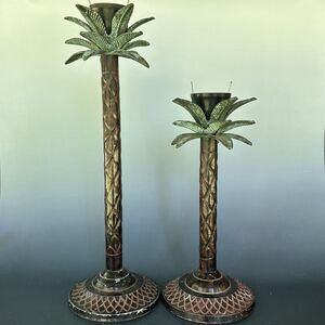 Vintage Palm Tree Candle Holders Hollywood Regency Safari Lodge Colonial Pair